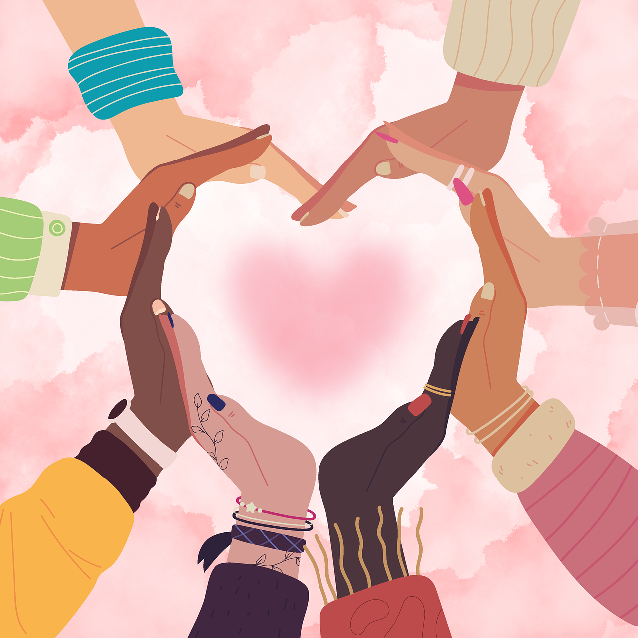 Drawing of people placing their hands to form a heart shape