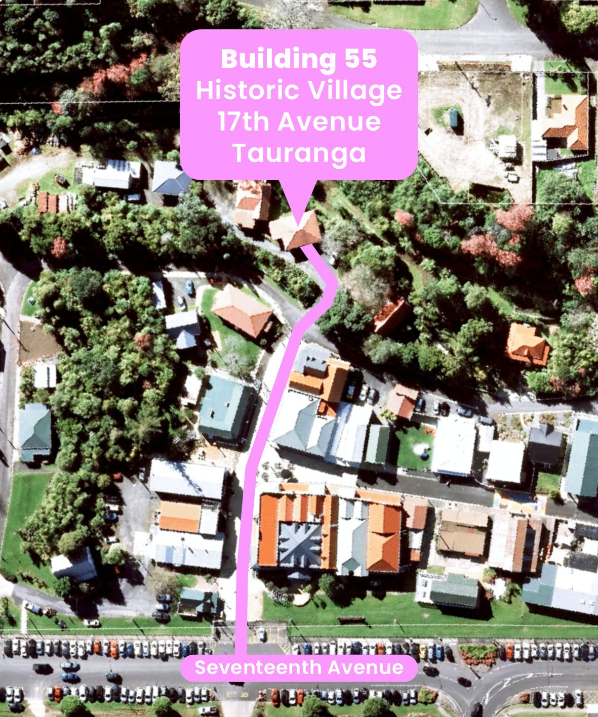 Map displaying location of Building 55 within the historic village