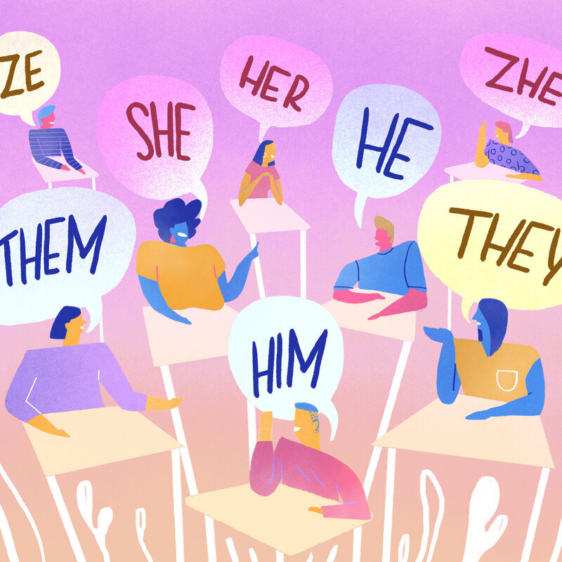 Alegria style art of classroom with people with various pronouns