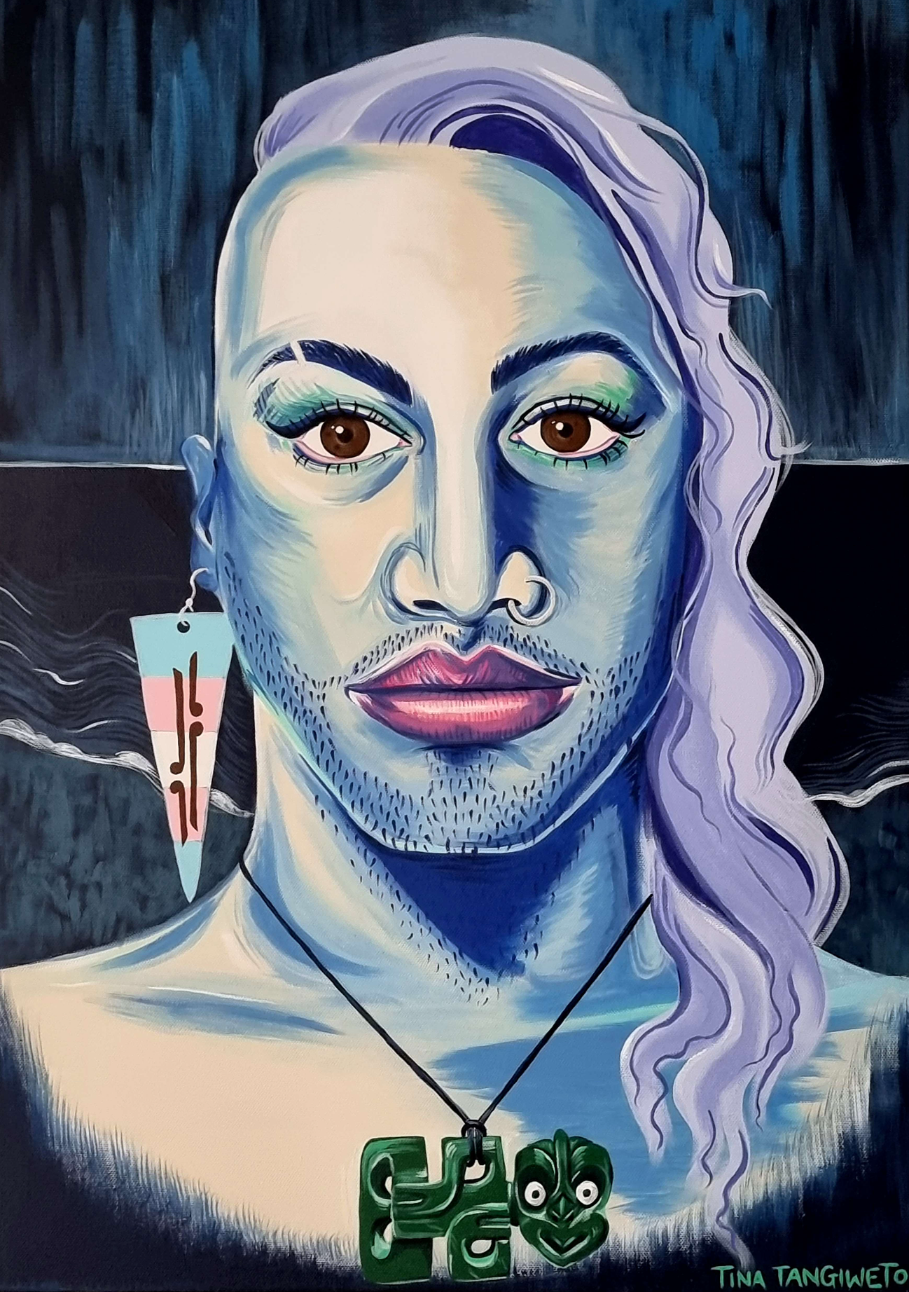 Trans woman (Whakawāhine) wearing a pounamu necklace and trans pride earring artwork